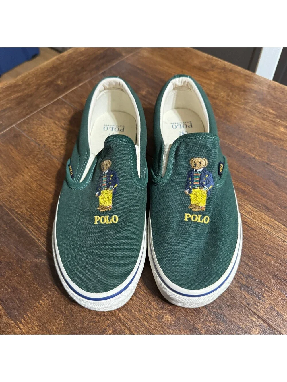 Polo Ralph Lauren Mens Keaton Slip On Polo Bear Shoes 8 Green Canvas Preppy Logo